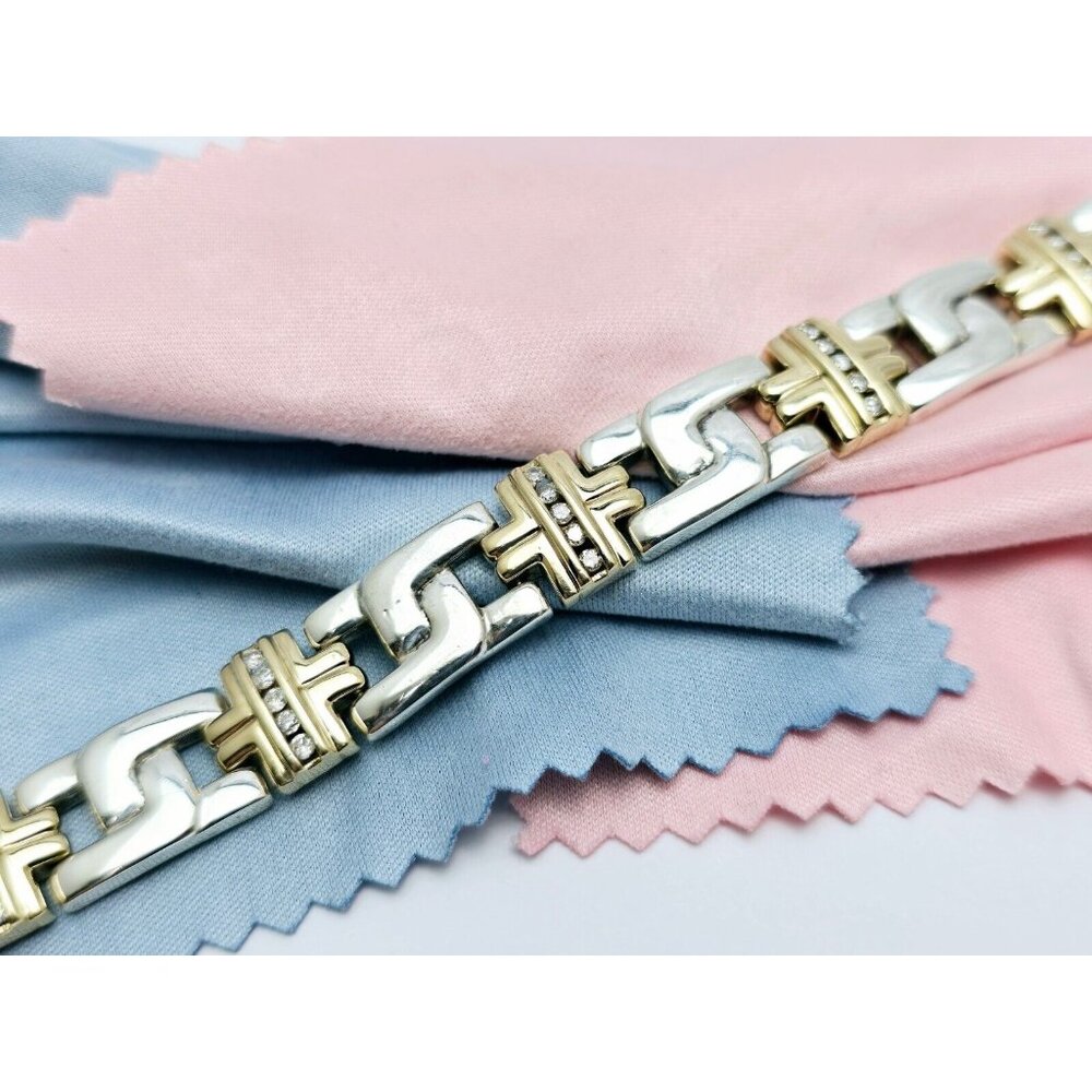 10K Yellow Gold & 925 Sterling Silver Designer Diamond Link Bracelet 8" Length
